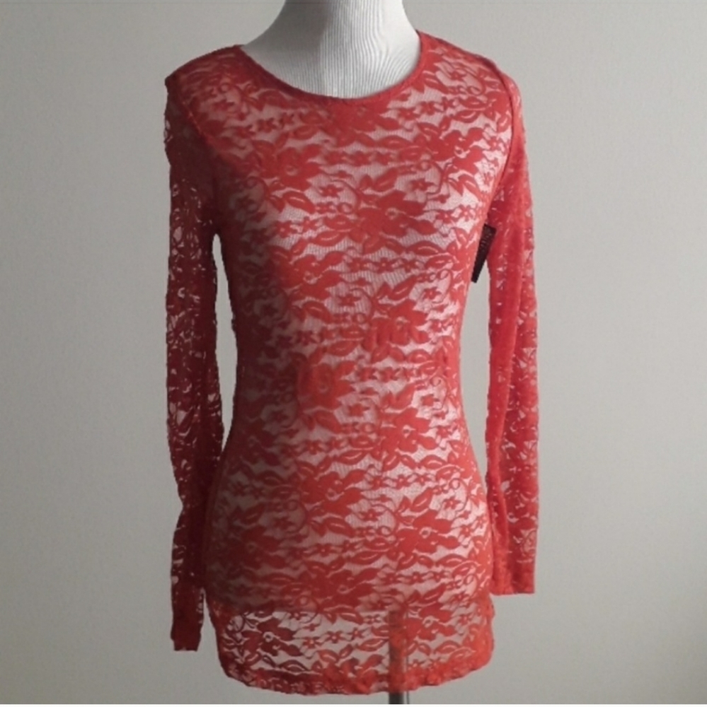 Sheer Lace Stretch Long Sleeve Shirt - Picture 3 of 7